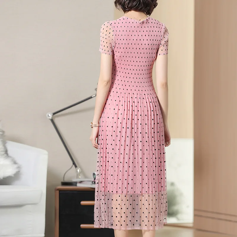 

Office Lady Mesh Dot Printed Short-sleeved Dress 2019 Summer Slim Pink Pleated Dresses Fashion Casual Elegant XL-01