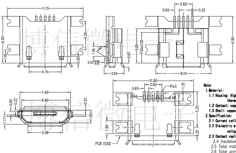 10 шт./лот 5 контактный гнездовой разъем Micro USB гнездо G22 SMD 4 фута широко