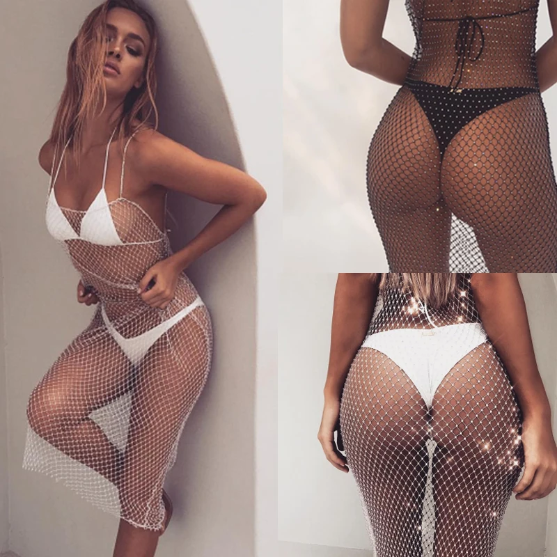 ITFABS New Hollow Out Lace Crochet Beach Cover Sexy Women Beachwear Swimwear Bikini Cover Up Kaftan Lady Fishnet Beach Dress