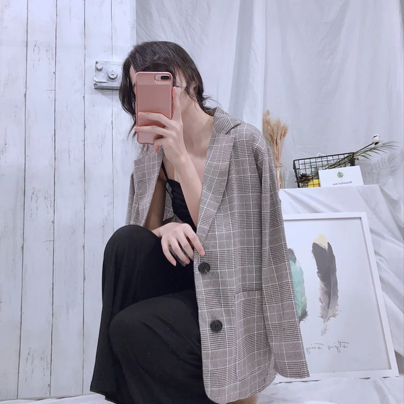 

Женский клетчатый пиджак с длинным рукавом, Повседневная Свободная однобортная куртка в ретро стиле, большие размеры, cc135, Осень-зима 2019