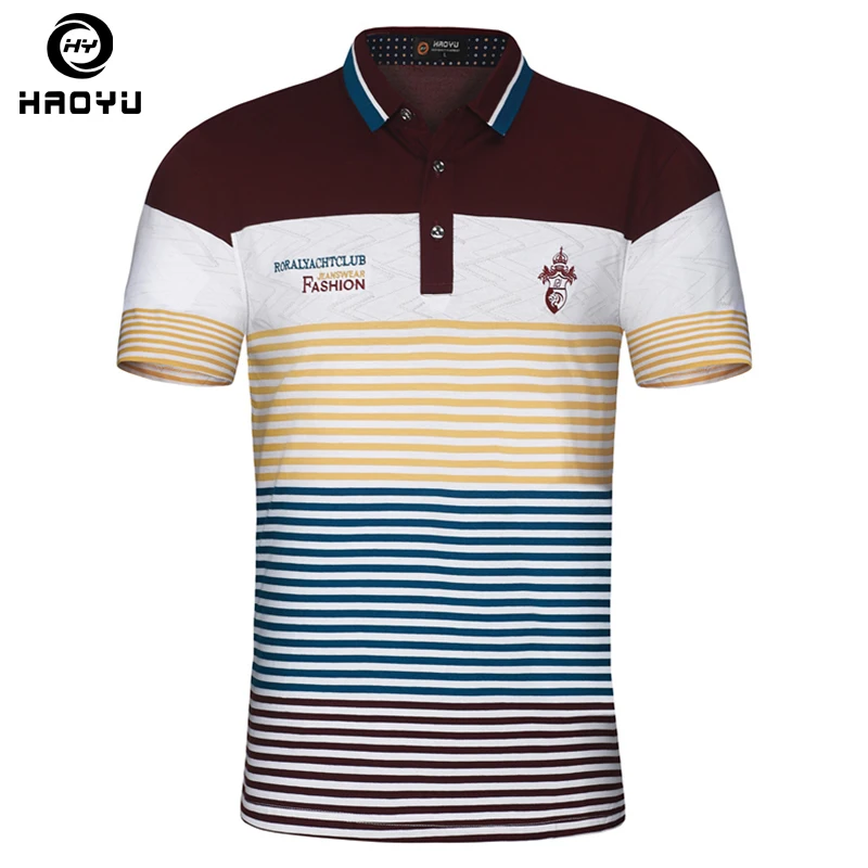 Embroidery Men Polo Shirt Brand Floral Collar Striped Printed Breathable Cotton Slim Mens Shirts Camisa Polos Haoyu | Мужская одежда