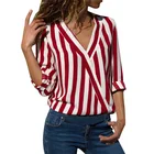 Женская блузка с v-образным вырезом, шифоновая рубашка в полоску с длинным рукавом, уличная одежда красного, черного и белого цветов, повседневные женские рубашки