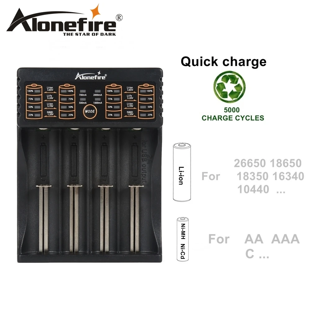 

AloneFire MC104 USB Charger 1.2V 3.7V 3.2V 3.85V AA/AAA 18650 26650 14500 16340 Torch NiCad NiMH lithium battery Smart Charger