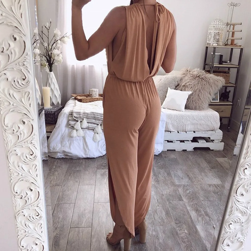 Женский комбинезон без рукавов Jun повседневный однотонный с глубоким v-образным