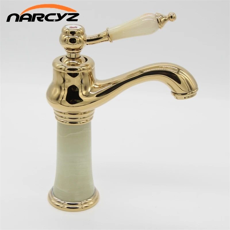 Золотой кран мраморный камень смеситель для раковины на бортике с одной ручкой