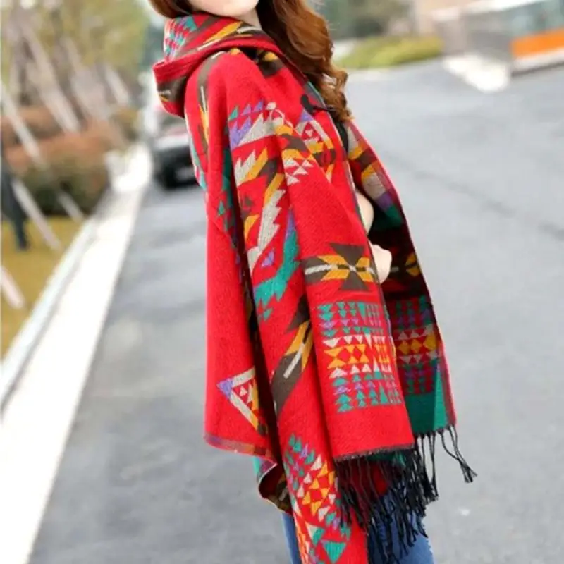 

Ladies Warm Winter Hooded Wrap Poncho Wool Scarves Lush Cape ,Mantle Ponchos And Capes Outwear Casacos Femininos Tippet