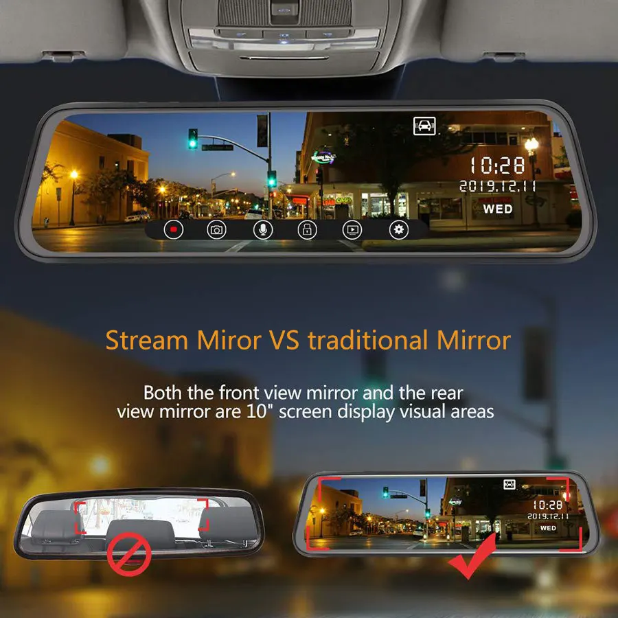 Olysine 10 ''IPS Touch Dashcam Full HD 1080P Автомобильный DVR Stream Media зеркало заднего вида