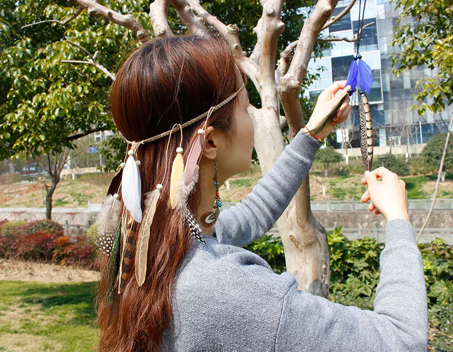 F&ampU New Accessories Hair Band Indian Peacock Feather Pendant Headband Rope Knitted Belt Elastic Hairband | Украшения и