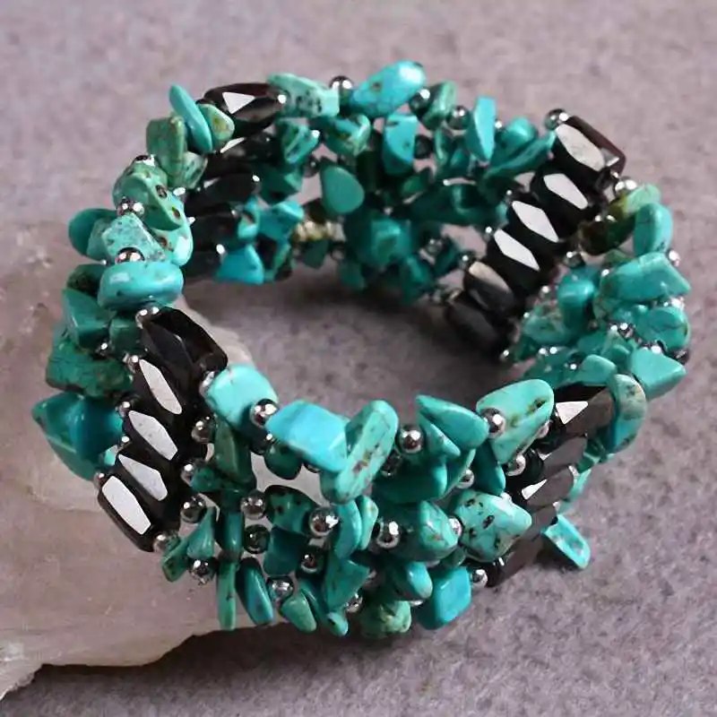 

SUNYIK Magnetic Hematite Blue Howlite Stone Chips Beads Bracelet Necklace 30"