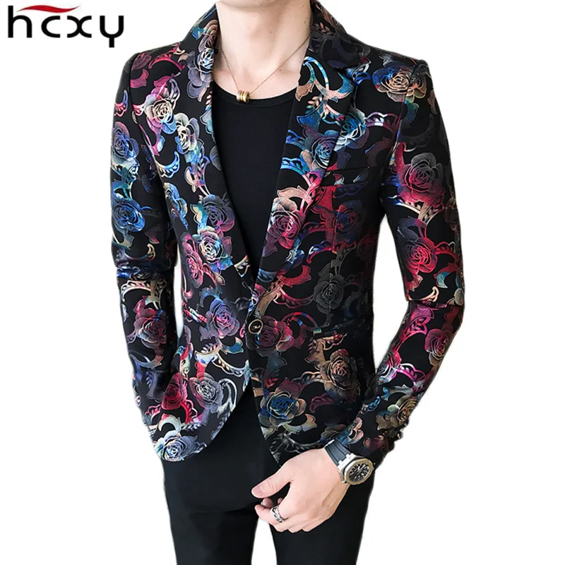 HCXY 2018 Floral Stylish Blazers For Men Slim Fit Mens Blazer Pattern Printed Blaser Homens Night club M-3XL | Мужская одежда