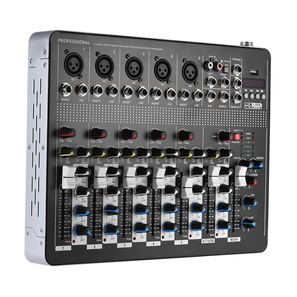 7-Channel Mic Line Audio Mixer Mixing Console with 3-band EQ 48V Phantom Power USB Interface 2 stereo channels | Спорт и развлечения