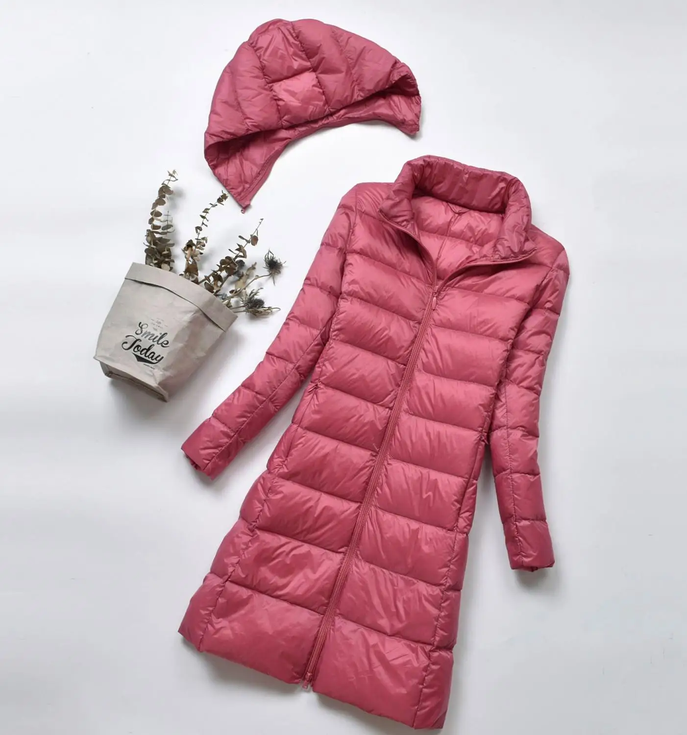 Pink Новинка, зимняя женская длинная куртка на белом утином пуху, женский ультра-светильник, тонкий, ветрозащитный, теплый пуховик с капюшоном, съемная верхняя одежда - Цвет: Pink