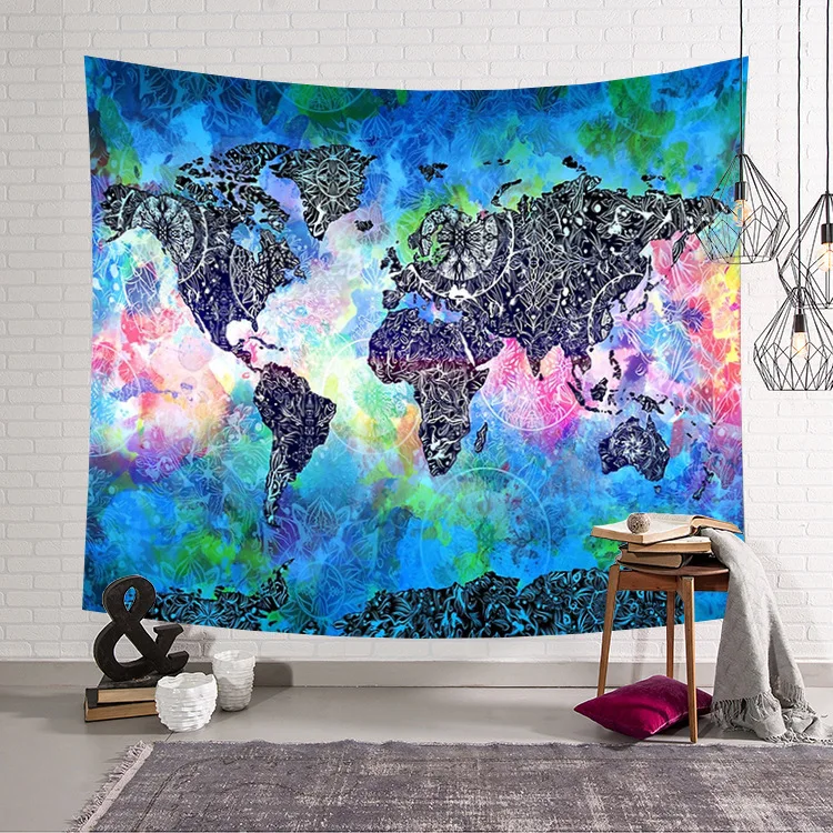 

World Map Tapestry High-Definition Map Fabric Wall Hanging Decor Watercolor Map Letter Polyester Table Cover Yoga Beach towel