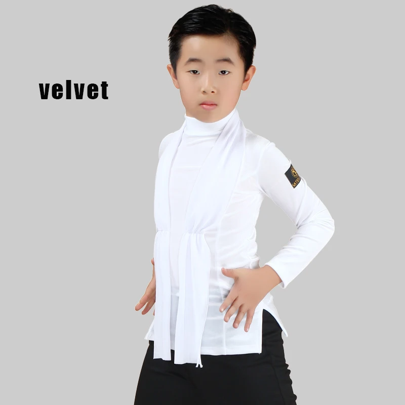 White velvet Топ для латинских танцев с длинными рукавами для мальчиков; Танцевальная рубашка для сальсы, румбы, ча, ча, самбы; Одежда для танцев; детская одежда для соревнований и выступлений; DN3130 - Цвет: White velvet