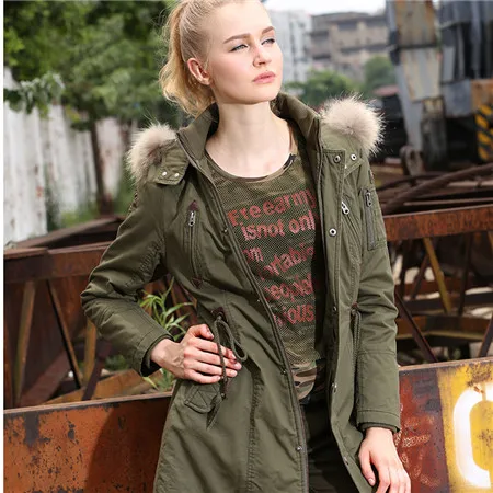 army green FreeArmy, хлопковая стеганая зимняя куртка, женские средние пальто, меховой воротник, капюшон, толстая парка, военная верхняя одежда, зимнее пальто для девушек - Цвет: army green