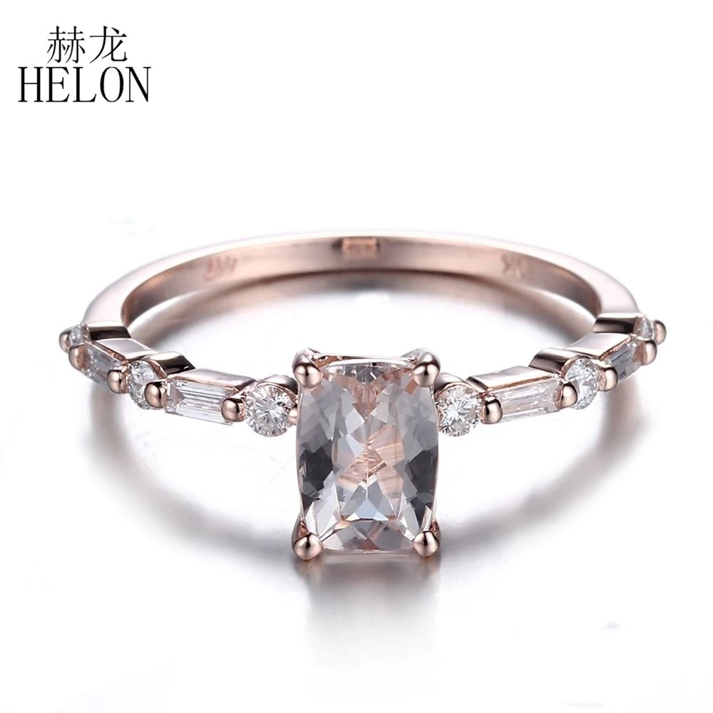 HELON Ladies 0.71ct 7x5 мм Подушка натуральная морганит и натуральные бриллианты ювелирные изделия уникальное обручальное кольцо Настоящее розовое золото 14 к