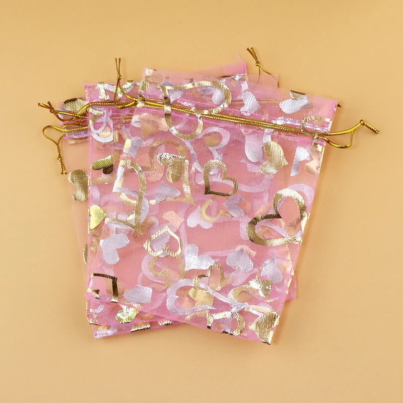 

15x20cm (5.9"x7.87") 100pcs Pink Heart Brozning Organza Jewelry Gift Bag Cheap Organza Pouches Gift Bag Factory Candy Bags Party