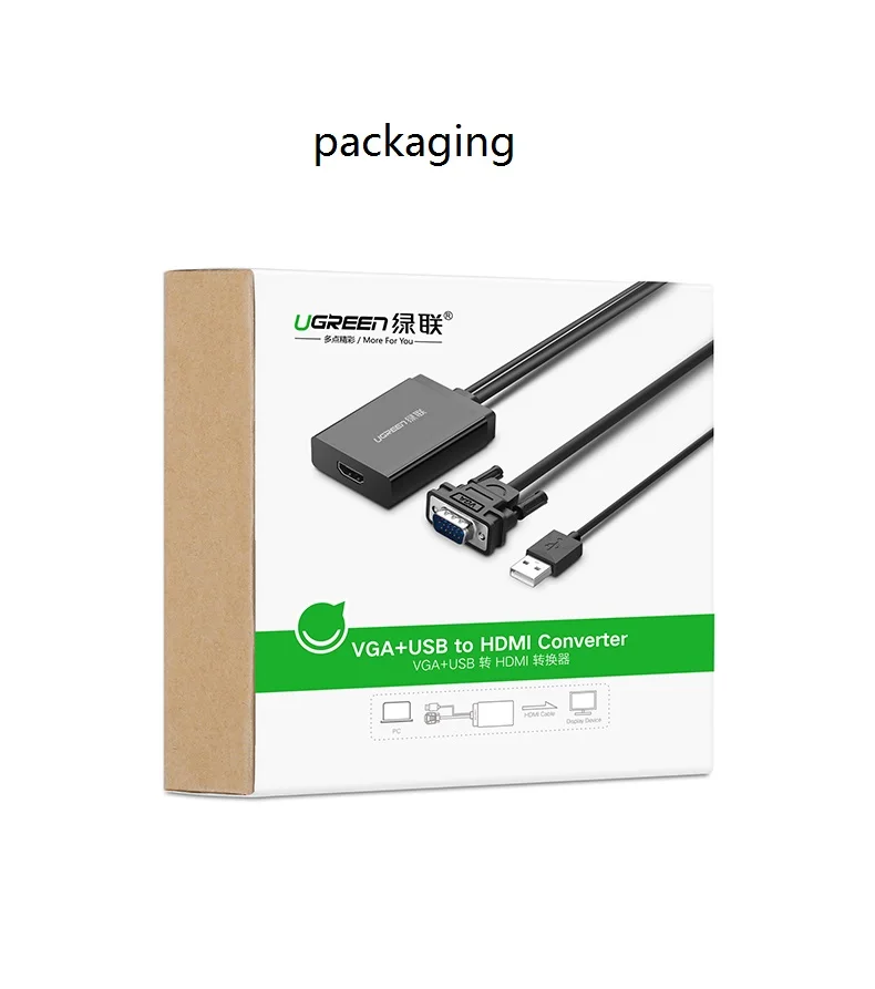 Кабель преобразователь UGreen VGA в HD для монитора компьютера ТВ проектора HDMI