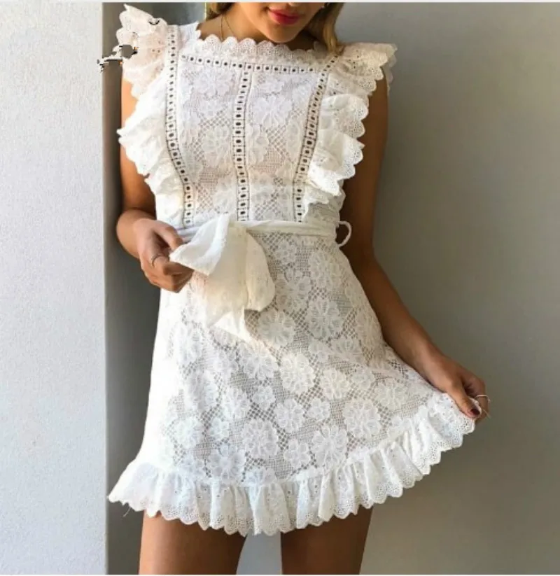 Женское кружевное мини-платье с вышивкой Boho белое Открытое платье поясом и