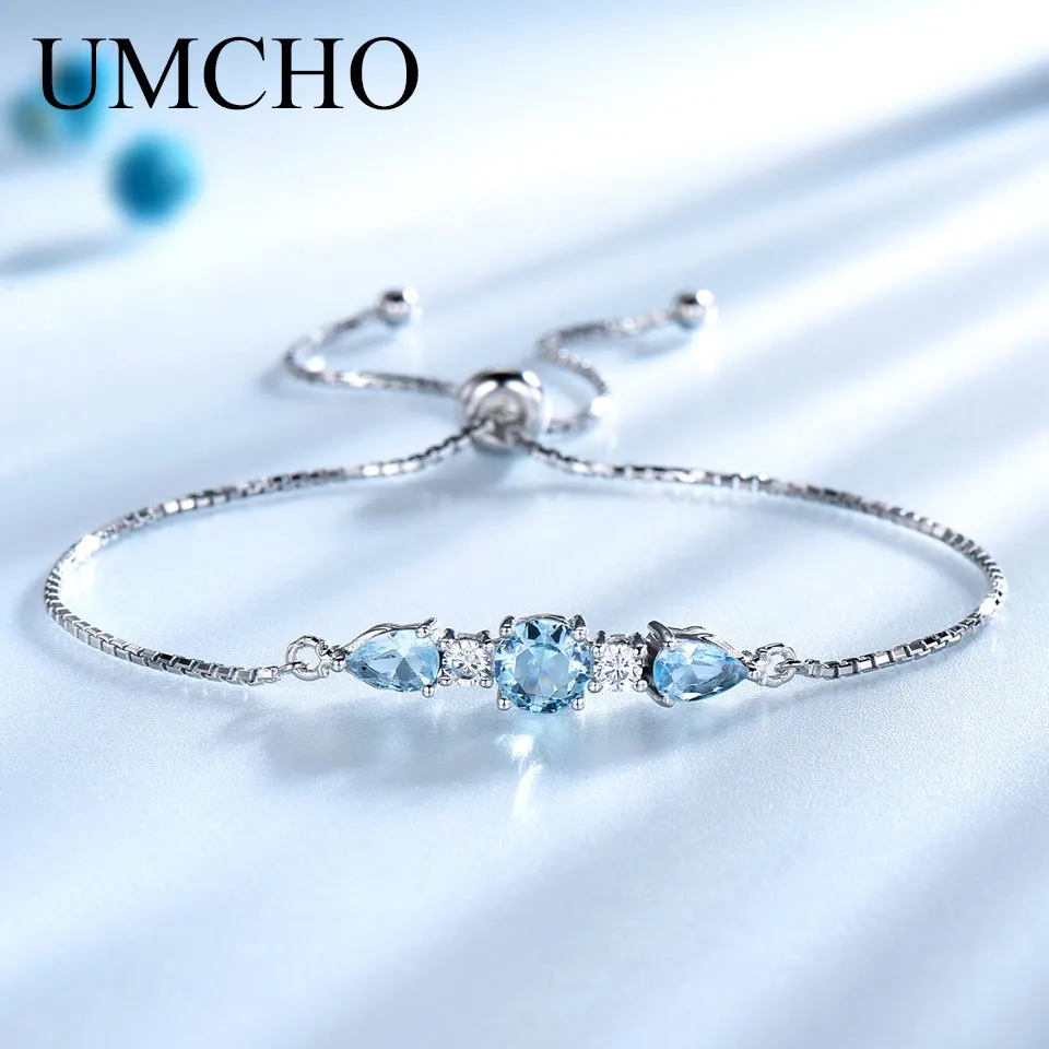 UMCHO Настоящее 925 пробы Серебряный браслет натуральный Небесно-Голубой браслеты с топазами свободное расширение романтические ювелирные изделия для женщин подарок