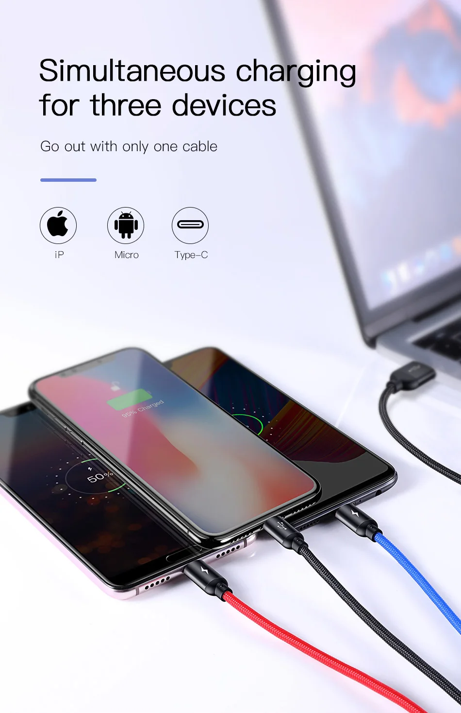 Baseus 3 в 1 USB кабель для iPhone samsung Xiaomi мульти Быстрая зарядка зарядное устройство usb type C type-c Micro USB кабель для мобильного телефона