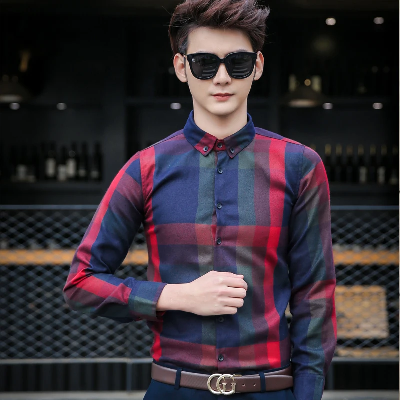 

2020 Autumn New Fan Man Leisure Lattice Teenagers Long Sleeve Xiushen Shirt Tide camisa streetwear Red fitness bodybuilding