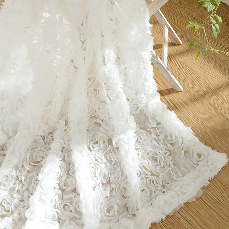 

White Lace Sheer Pastoral Korean Creative 3D Rose Curtains Voile Custom Window Screens For Marriage Living Room Bedroom Drapes