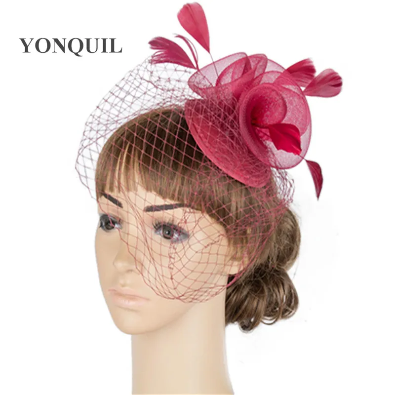 

Marron Mesh Fasinctor Bride Elegant Headdress Base Crinoline Made Flower Female Veils With Feather Hats Party Headwear MYQ063