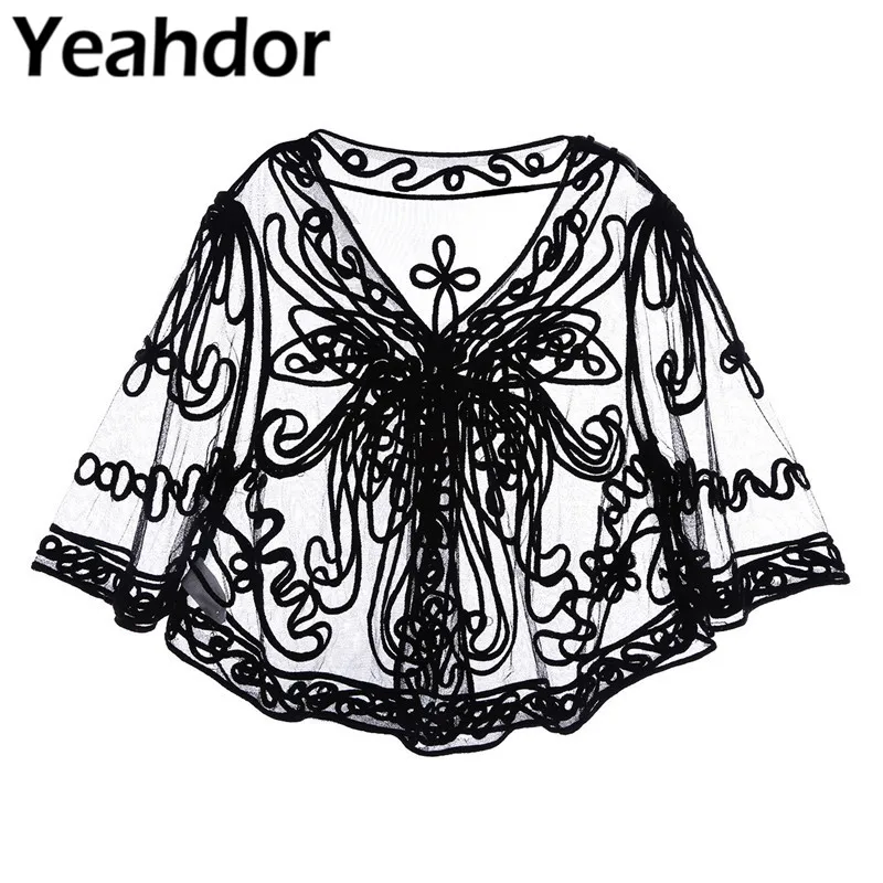 

Evening Party Women Open Front Cardigan Wraps Half Sleeves V Neck Sheer Floral Lace Embroidery Shrug Wedding Dress Cover Up