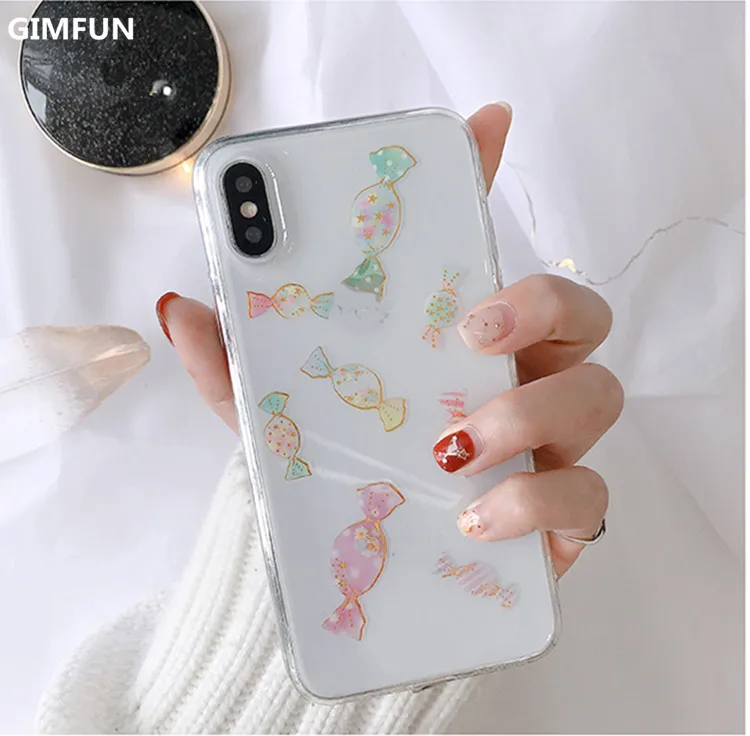 Gimfun Fresh Transparent Candy Phone Case for Iphone 7 Glitter Floral Soft Tpu 6 6s 8 Plus X Back Cover |