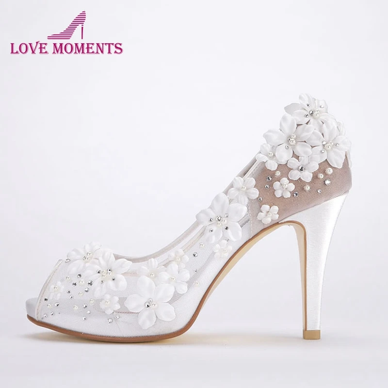 

Beautiful White Lace Bridal Wedding Dress Shoes Peep Toe Comfortable 4 Inches High Heel Formal Dress Shoes Party Prom Pumps