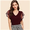 SHEIN винтажная Однотонная футболка в черный горошек с контрастным сетчатым рукавом и v-образным вырезом, женская летняя элегантная Однотонная футболка с коротким рукавом, топы