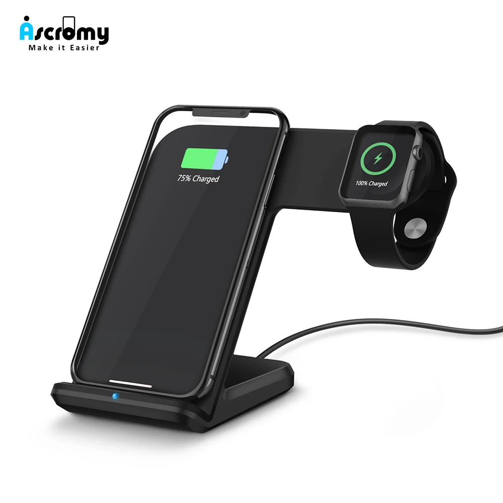 Беспроводная зарядная станция Ascromy 2 в 1 Qi с подставкой 10 Вт для Apple Watch Series 4 3 Iphone XS