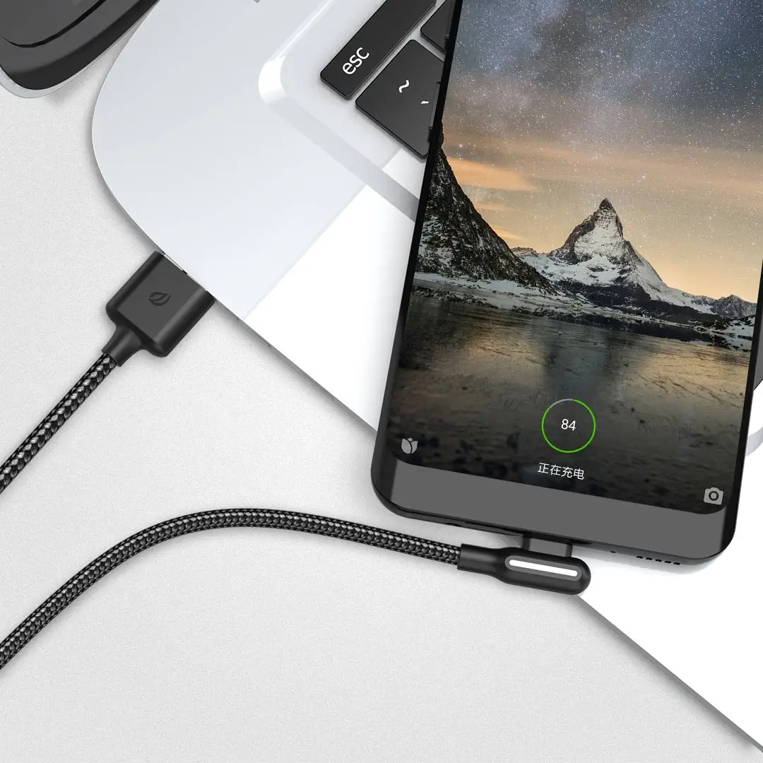 Xiaomi Плетеный светодиодный кабель Type C с прямым углом дизайн USB для быстрой зарядки
