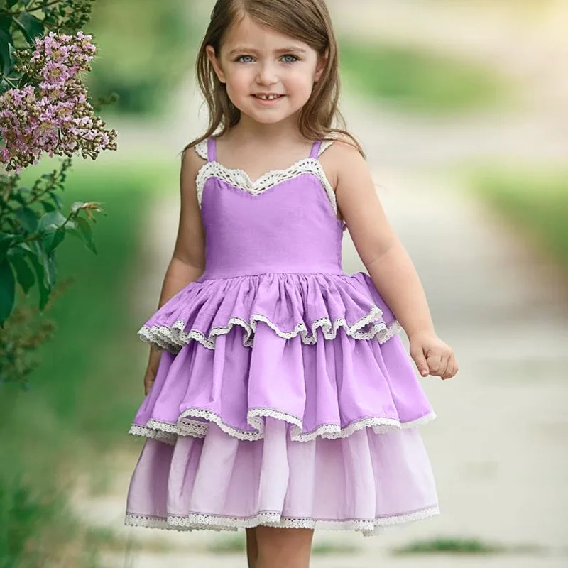 

Kids Girls Ruffles Halter Sundress 3 Layer Purple Color Summer Backless Candy Color Fashion Princess Dresses