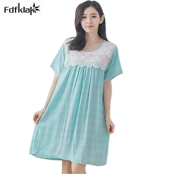 Women summer dress casual cotton and lace sweet girl's nightgown plaid loose sleepwear nightdress female homewear dresses | Женская