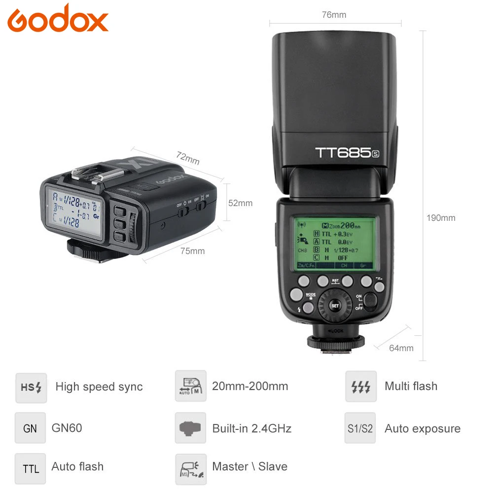 Godox TT685 TT685C TT685N TT685S TT685F TT685O 1/8000s ttl вспышка Speedlite X1T триггер для Canon Nikon sony Fuji Olympus |