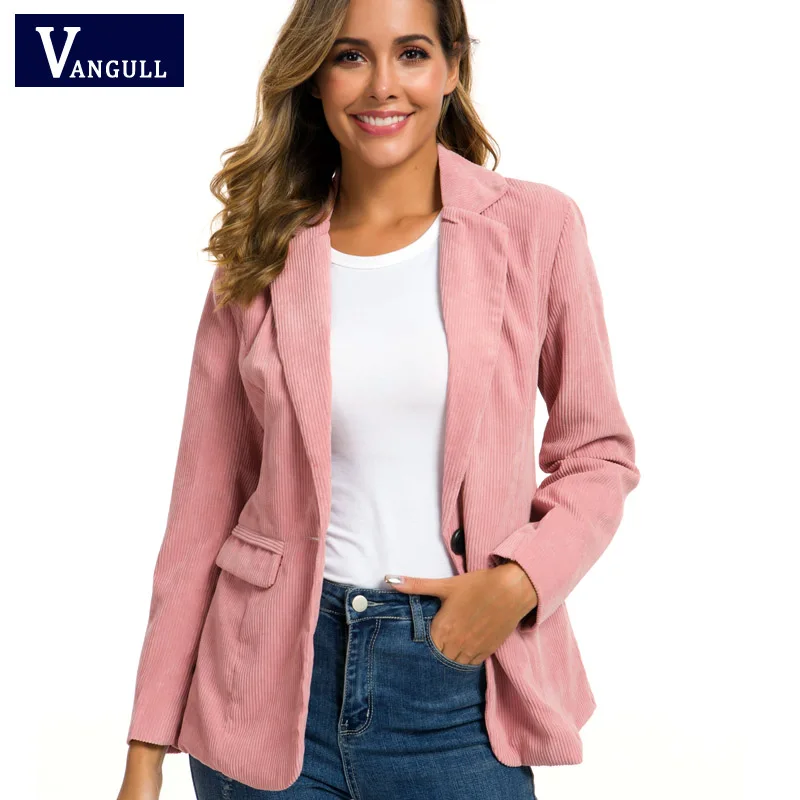 

Vangull Slim Corduroy Women Blazers Long Sleeve Sigle Button Autumn Female Jackets Notched Collar Pockets Ladies Suits Outerwear