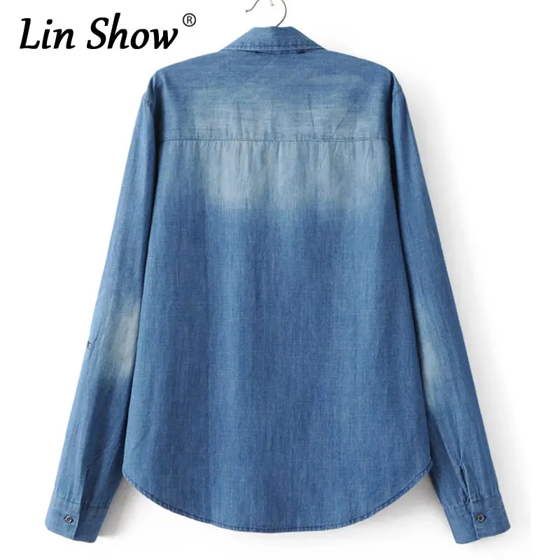 LINSHOW Джинсовые Блестки Женщины Блузки С Длинным Рукавом Нагрудные Твердые