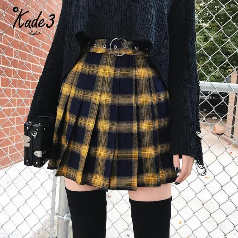 Harajuku, женские модные юбки, милые, желтые, черные, красные, в клетку, плиссированные юбки, в стиле панк, высокая талия, короткая женская юбка 8446