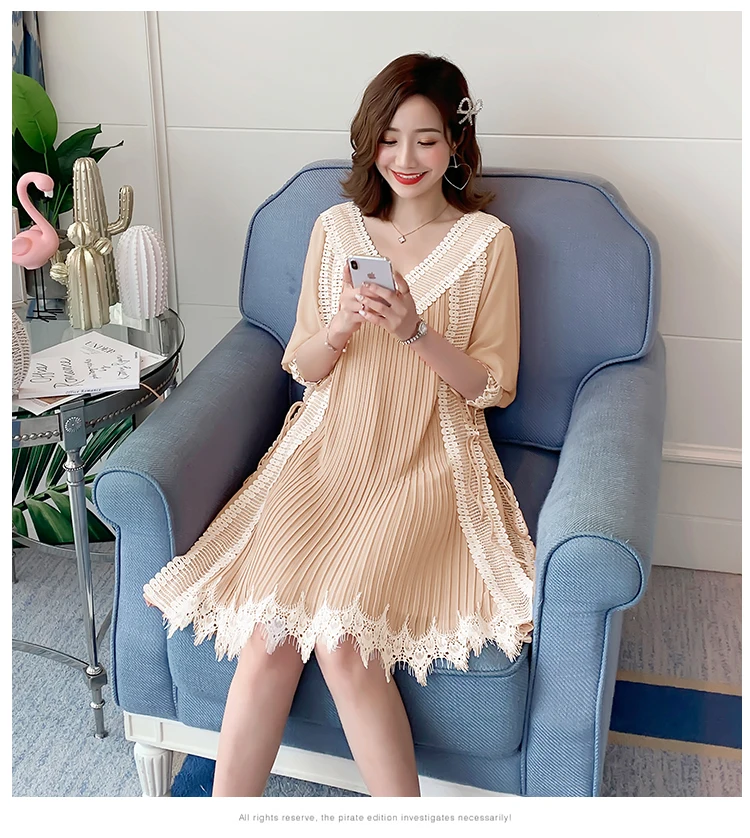 Summer Sleeveless/Long Sleeve Maternity Chiffon Pleated Dress V-neck Lace Patchwork Tassel Hem Pregnant Women Dress Sweet