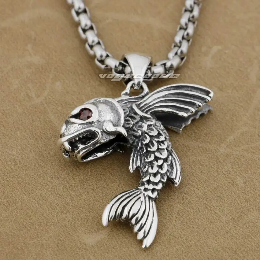 

LINSION 925 Sterling Silver Flying Fish Red CZ Eyes Mens Biker Rocker Pendant 9E017