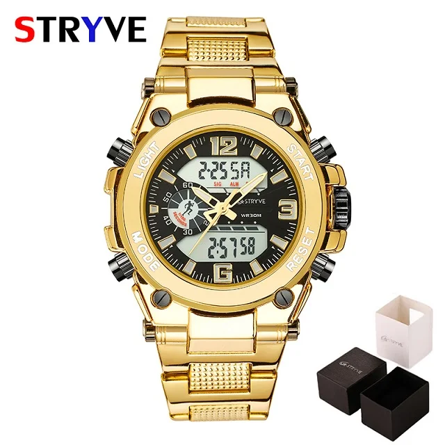 Golden STRYVE спортивные часы для мужчин модные золотые большой циферблат Мужские s часы 30 м водонепроницаемый Военная Дата Двойной дисплей наручные часы Relogio Masculino - Цвет: Golden