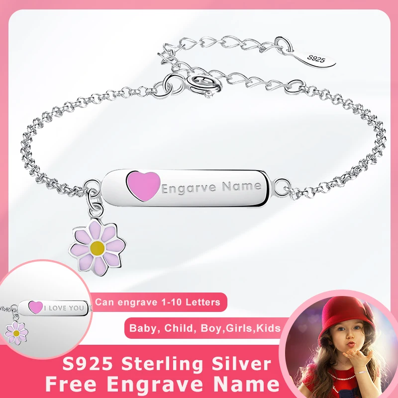 BELAWANG Personalized 925 Sterling Silver Bracelet Enamel Flower&Heart Charm Bracelet for Baby Children Custom Name Jewelry