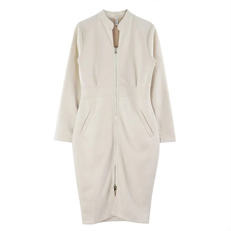 Beige MVGIRLRU женское платье с длинным рукавом облегающее платье женское миди с высокой талией платье с карманами Femme вечерние замшевые платья - Цвет: Beige