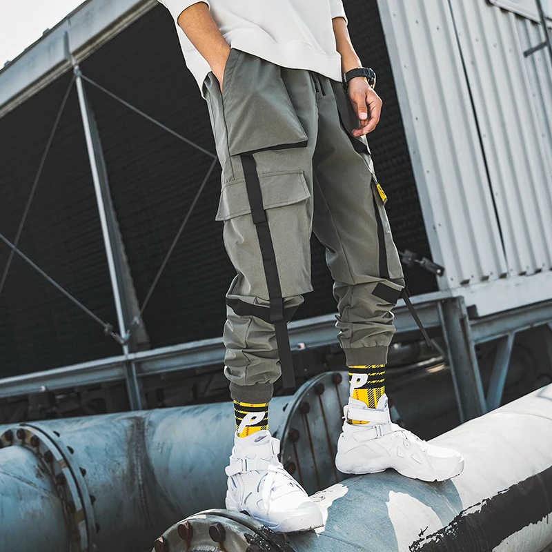 

Hip Hop Men Streetwear Ribbons Casual Pants Slim Mens Joggers Pants Side-pockets Cotton Camouflage Man Trousers ABZ405