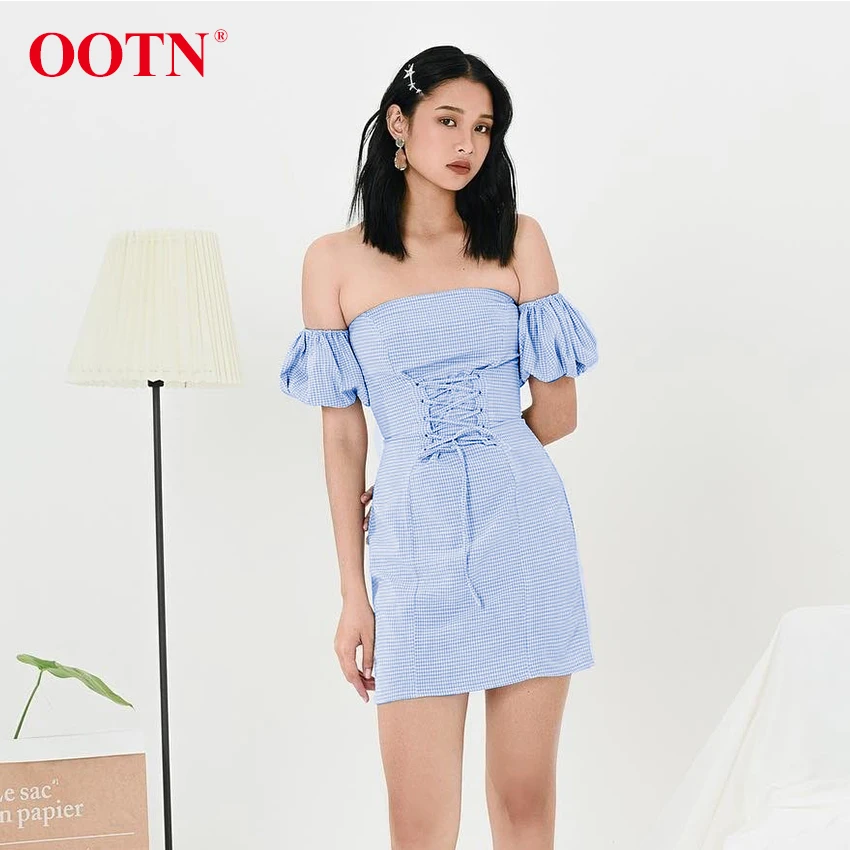 OOTN голубое белое клетчатое летнее платье с открытой спиной для женщин высокой