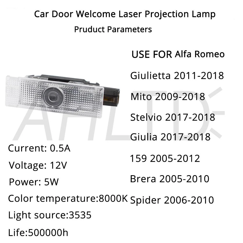 2X Welcome Light For Alfa Romeo Giulia Stelvio Mito Giulietta Brera 159 LED Door Logo Projection Ambient Car Styling Lights