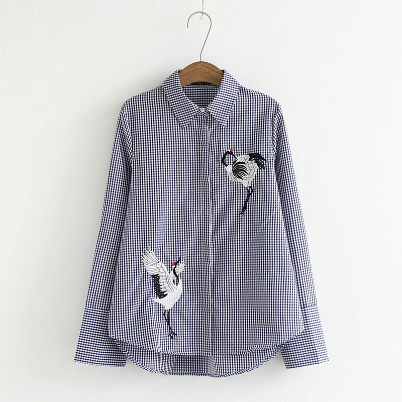 Женская клетчатая офисная блуза с вышивкой в виде птичьего Журавля рубашка