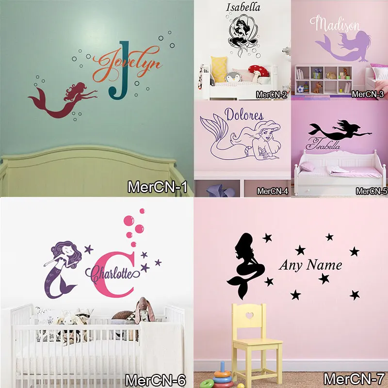 Настенные Стикеры с именем русалки на заказ наклейки стену для детской комнаты